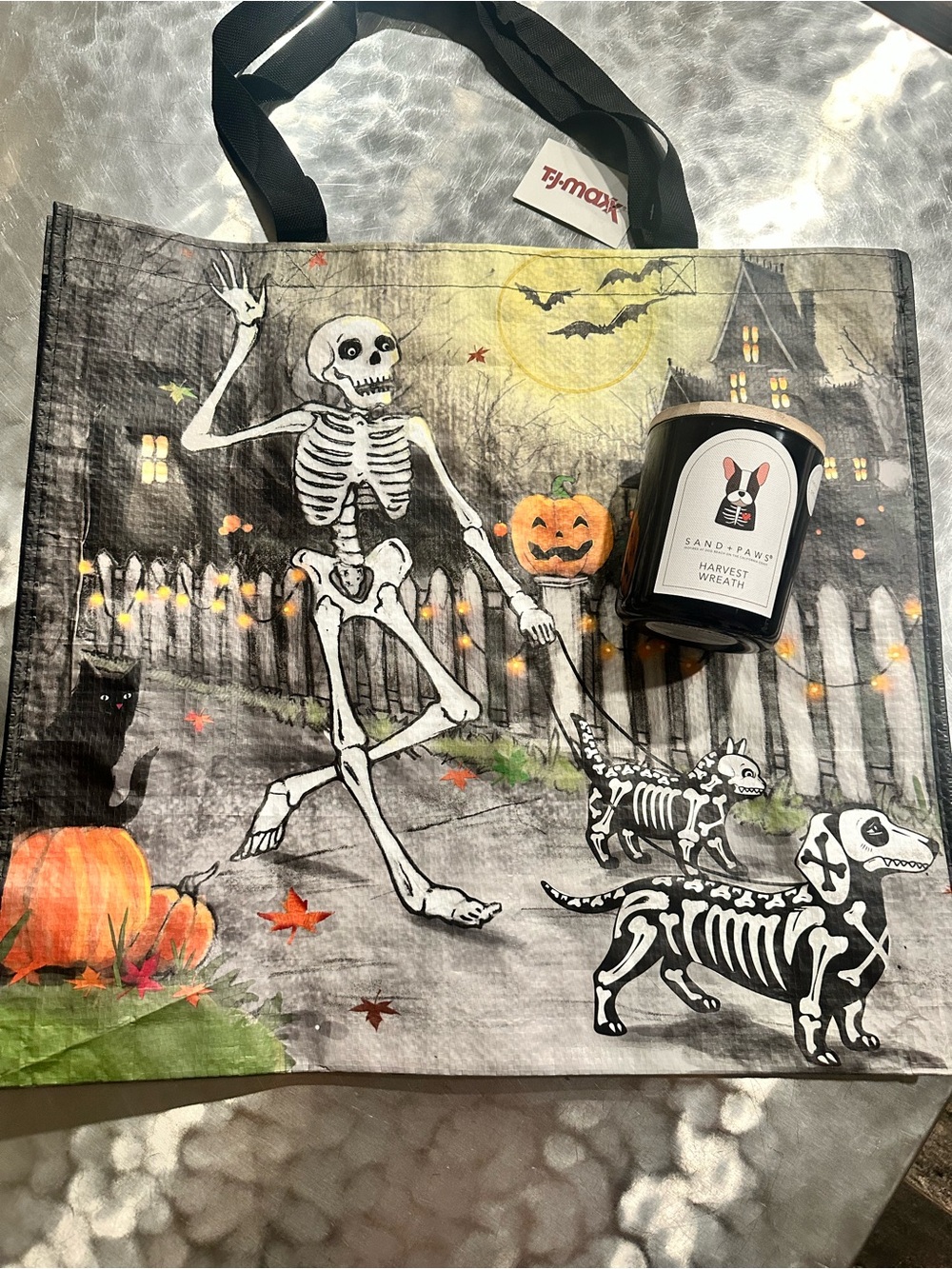 Halloween Skeleton Tote Bag with Skeleton Dogs - with Sand + Fog candle